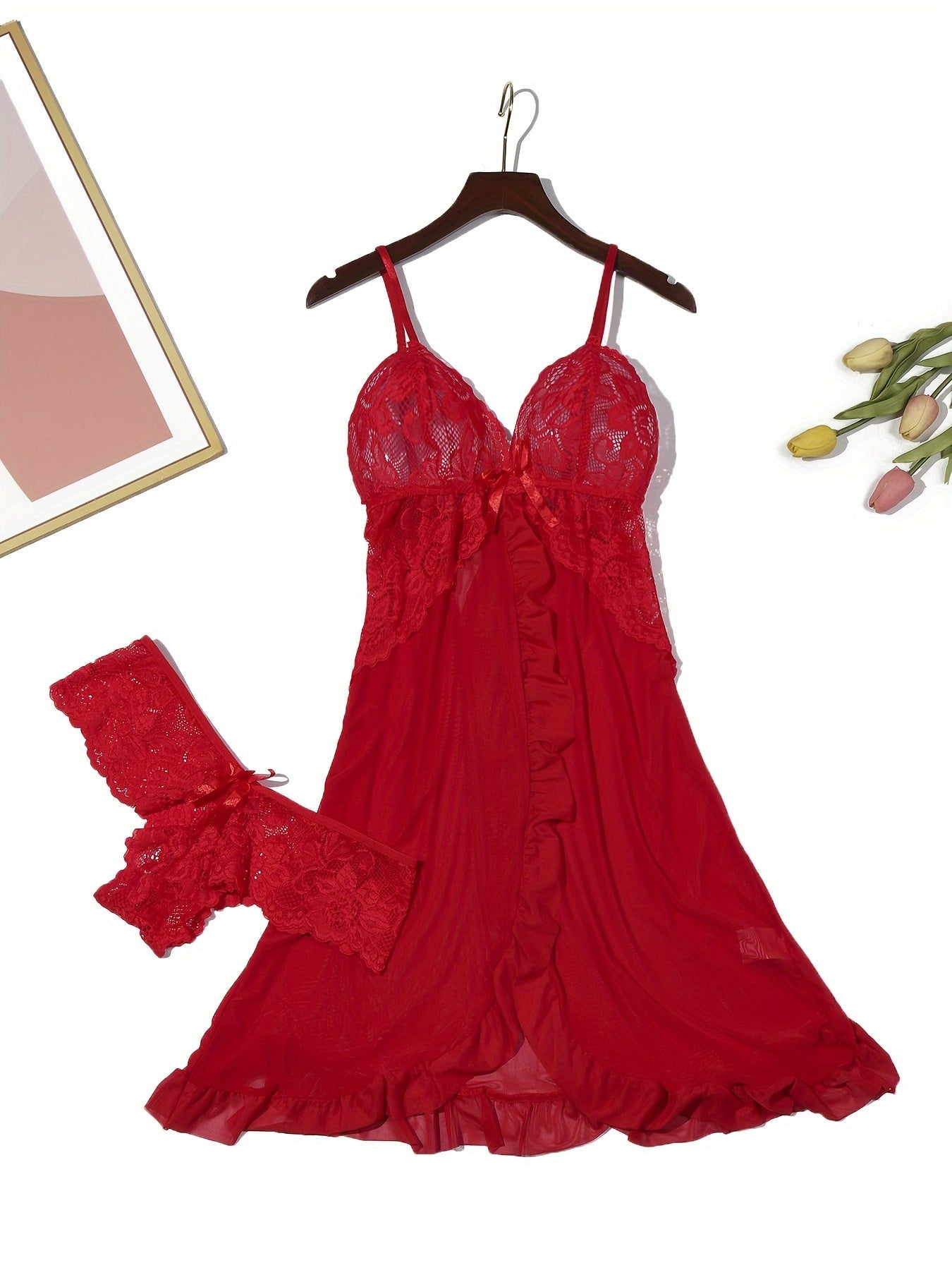 Women's Lace Trim Sleepwear Set with Deep V-Neck Slip Dress and Panty Lingerie