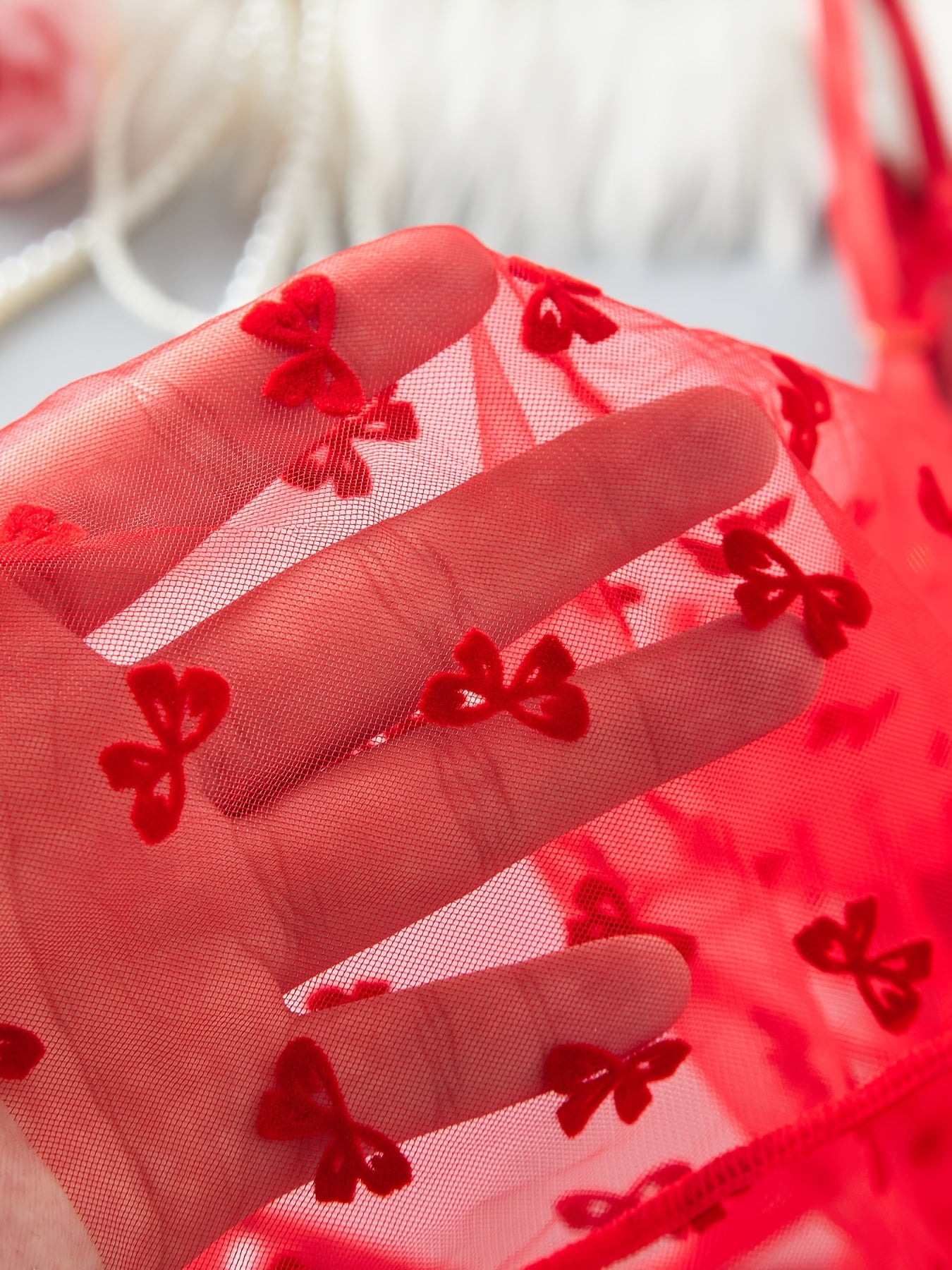 Red Mesh Lingerie Set for Women with Butterfly Pattern Babydoll and Bow Detail