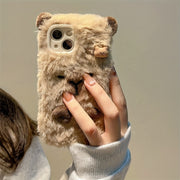 Plush Brown Hairpin Capybara Phone Case for iPhone 13 14 15 with Anti-Fall Soft Material