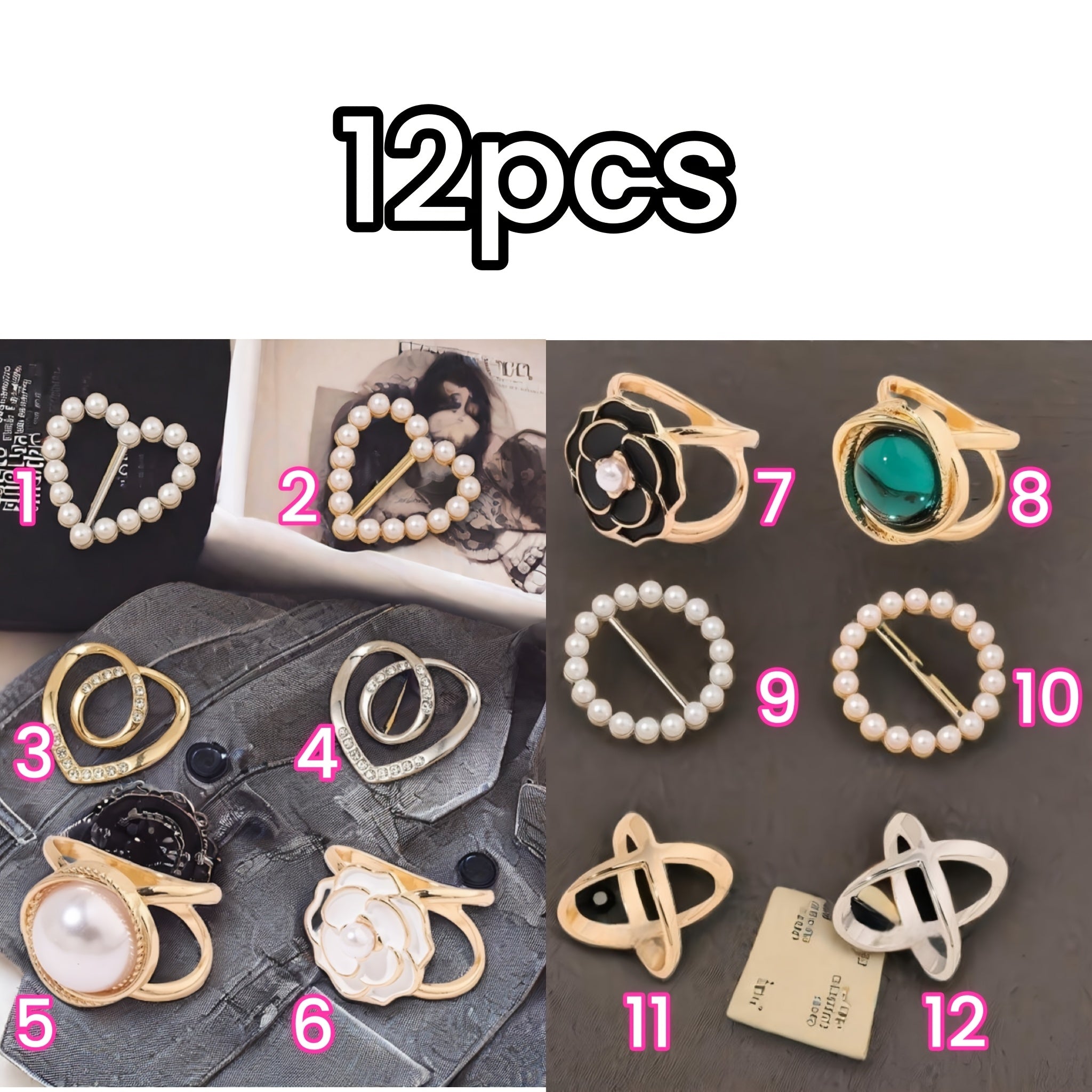 Set of 12 Elegant Alloy Scarf Clips with Pearls and Rhinestones for Women