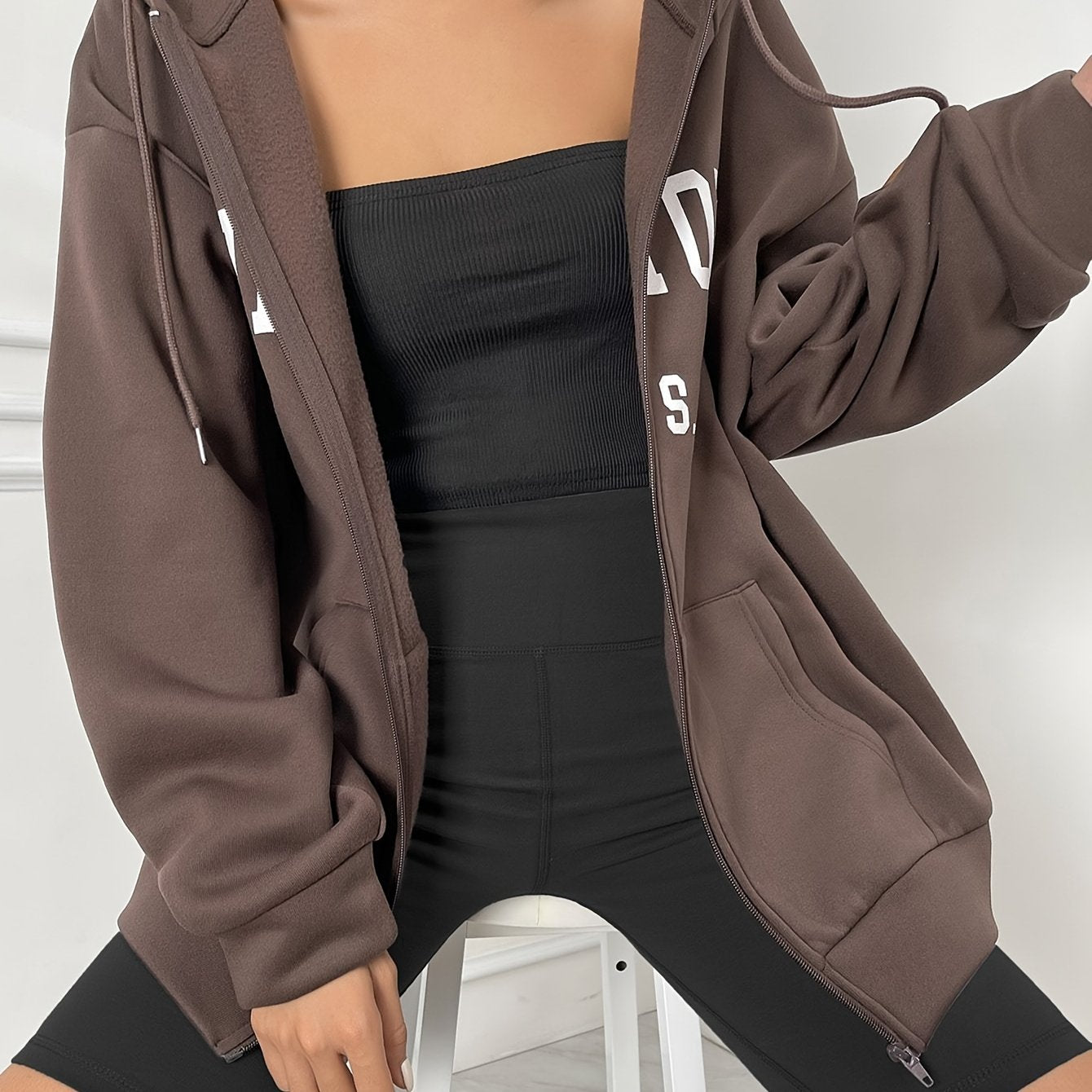 Women's Polyester Hoodie with Zip Front Kangaroo Pocket and Hooded Style