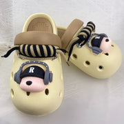 Women's Beige Clog Shoes with Dog Ear Headphones Design Comfort Casual