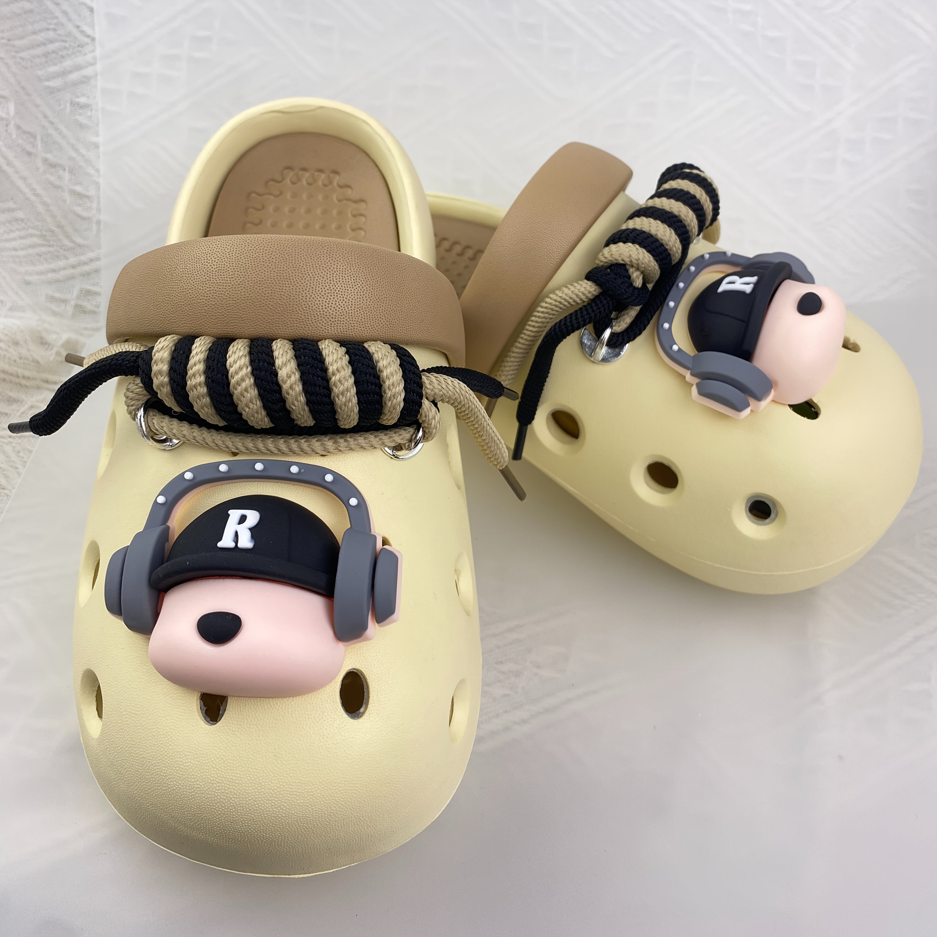Women's Beige Clog Shoes with Dog Ear Headphones Design Comfort Casual