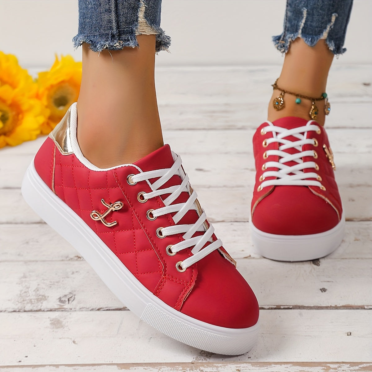Women's White Lace-Up Sneakers Casual Low Tops Durable Rubber Sole