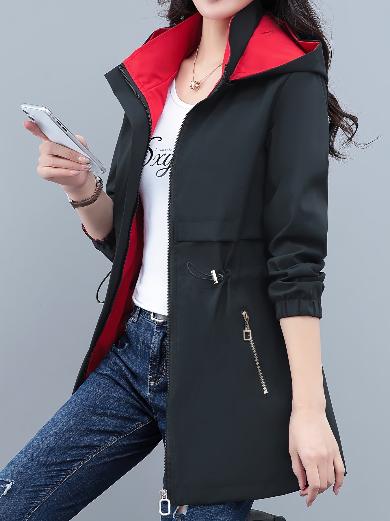 Women's Color Block Windbreaker Hoodie Jacket with Zipper Pockets for Spring Fall