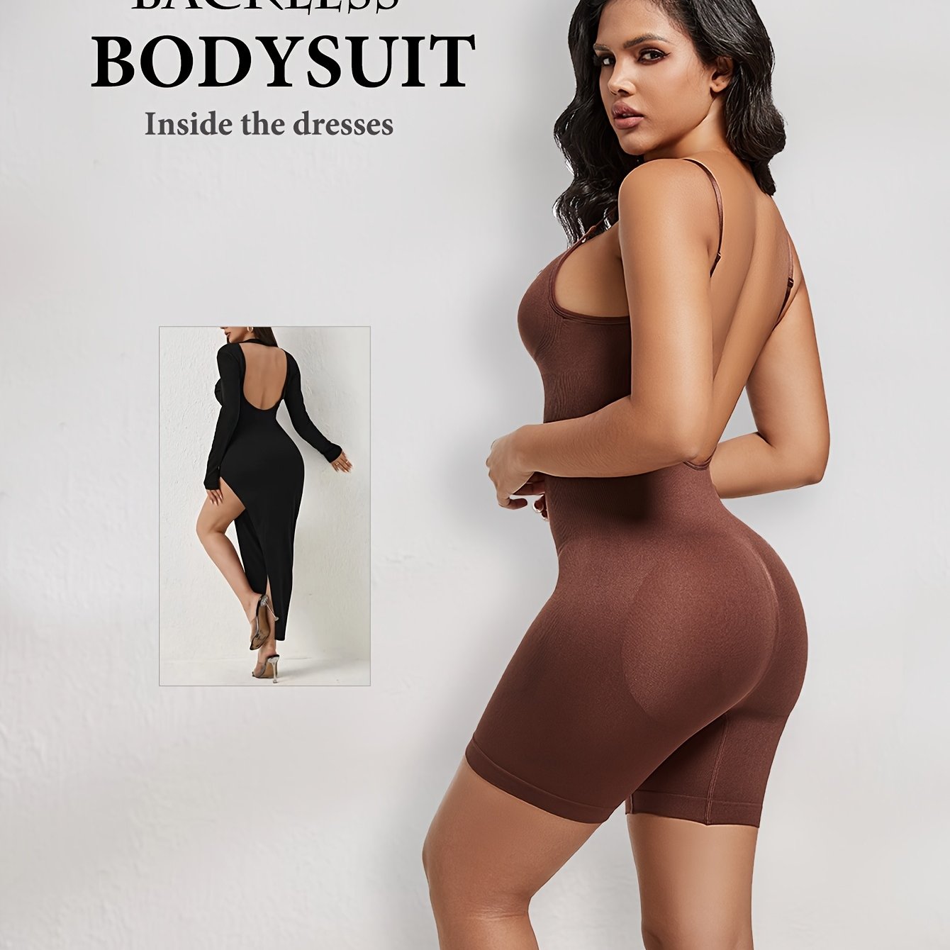 Бодисью с контролем живота коричнево-оранжевого цвета для полных, с высокой поддержкой и открытой спиной