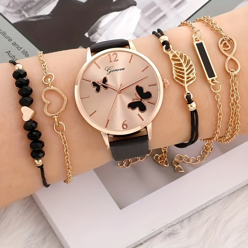 Set of 6 Women's Casual Butterfly Quartz Watches with Leather Bands and Matching Bracelets