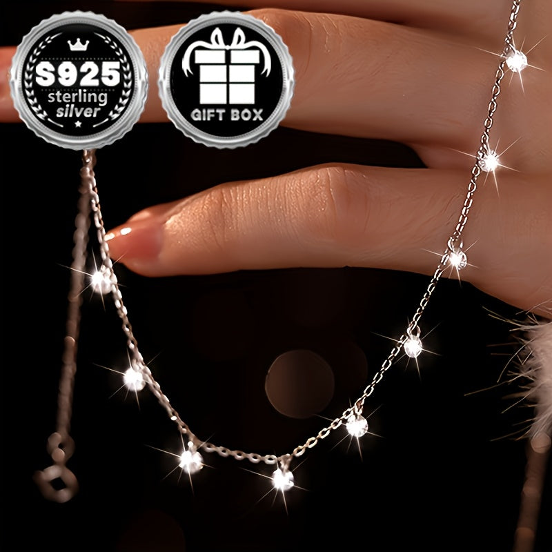 Sterling Silver Clavicle Necklace with Cubic Zirconia Pendant for Women