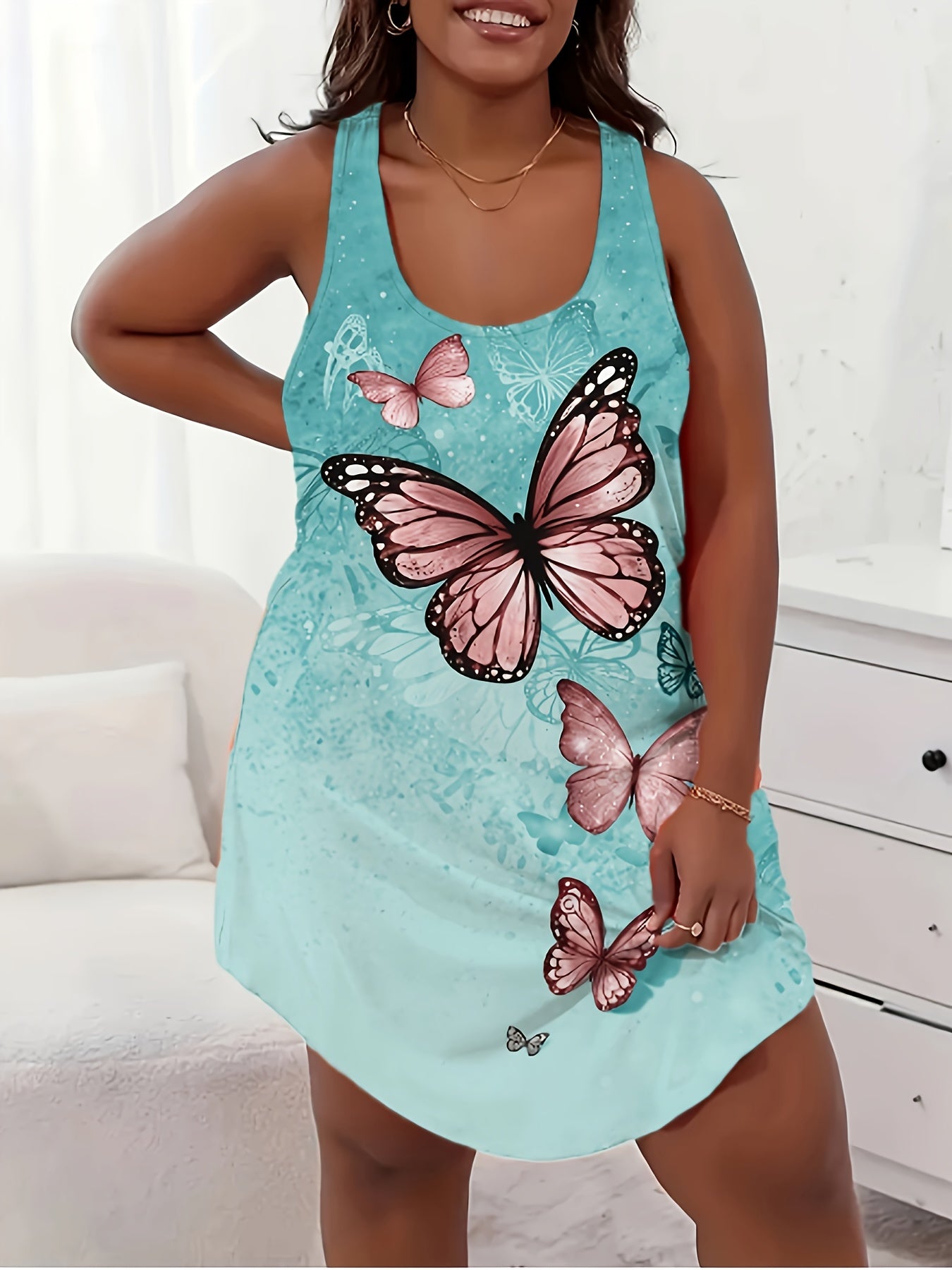 Plus Size Light Blue Butterfly Print Nightgown Womens Sleepwear Soft Comfortable