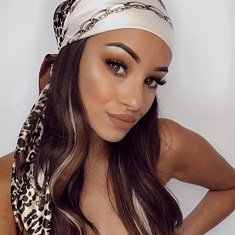 Leopard Print Satin Square Scarf 89.92cm Boho Headscarf Sun Protection