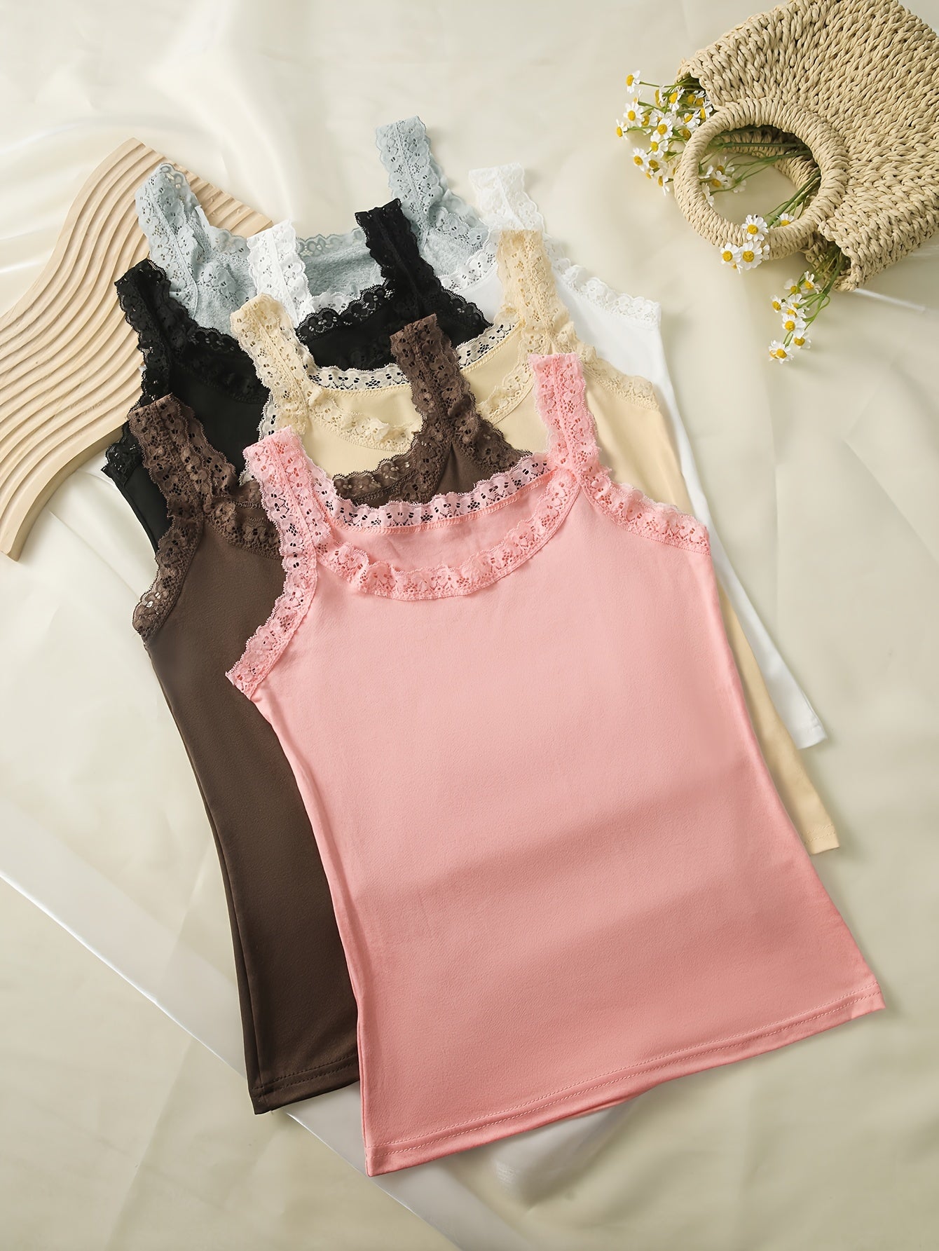 6-Pack Lace Trim Camisole Tank Tops for Women Spring Summer Versatile Colors