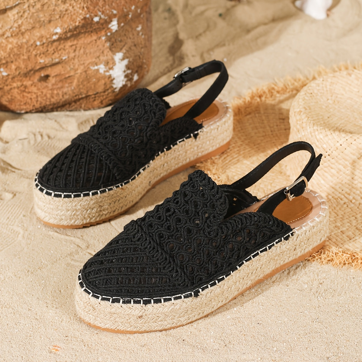 Women's Black Woven Fabric Beach Sandals with Ankle Bracelet and Non-Slip Sole