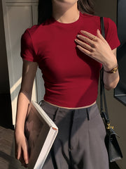 Camiseta elegante de manga corta para mujer, poliéster y spandex, cuello redondo, primavera y verano