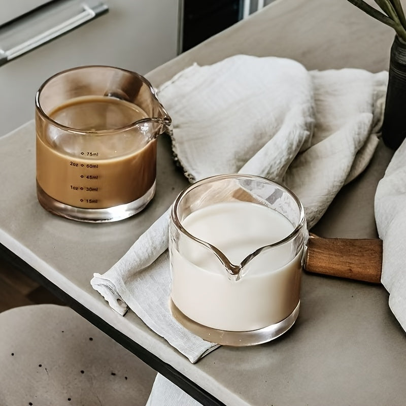 Yaratuvchi Shisha Sut Qozonchasi, Yog'och Tutqichi bilan, Qahva Ta'mini O'lchash uchun Isiga Qarshi O'lchov Stakan, Shisha Ziravor Qozonchasi, O'lchov Belgilari bilan, 1 Dona