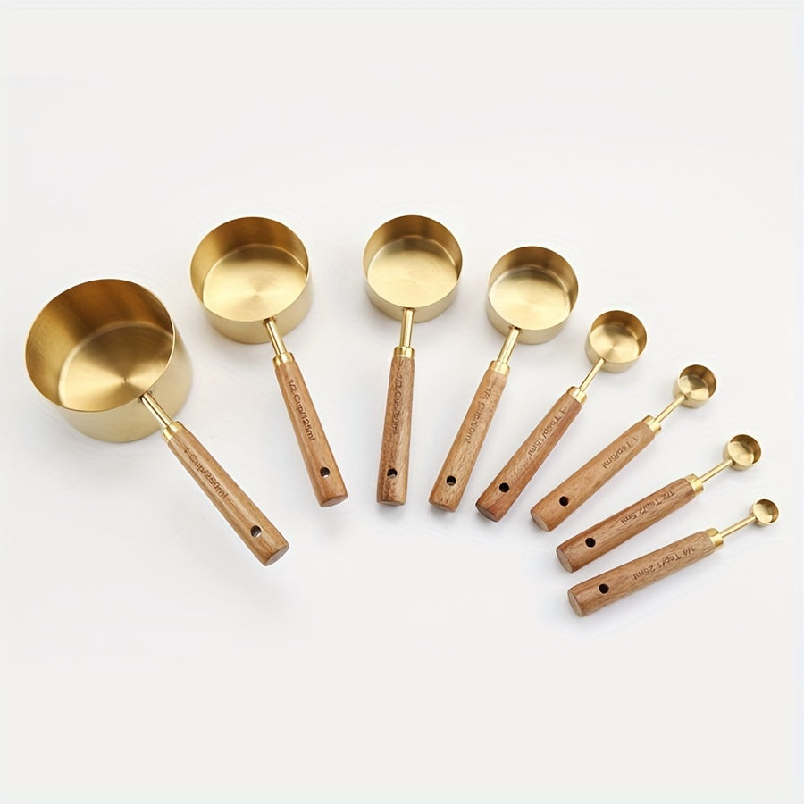 Set of 4 Stainless Steel Measuring Cups and Spoons with Wooden Handles