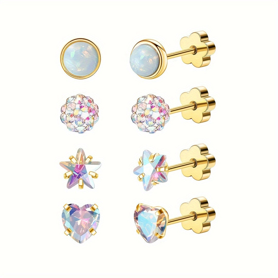 Hypoallergenic Flat Back Earrings for Women Men Girls Star Heart Protein Stone Silver Pink AB