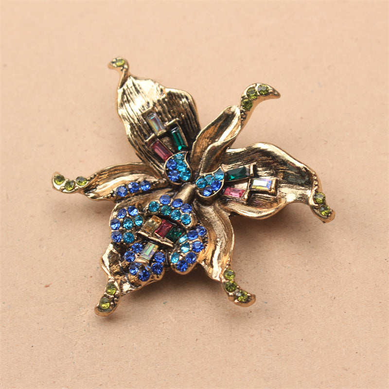 Antique Orchid Brooch Rhinestone Enamel Floral Jewelry for Women