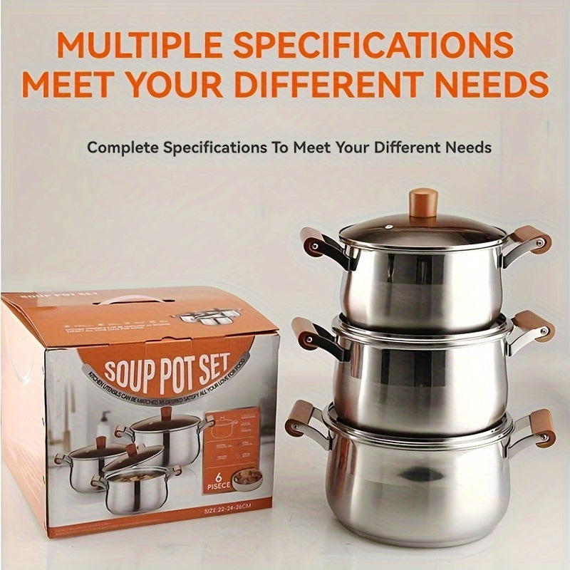 Juego de utensilios de cocina de acero inoxidable de 6 piezas con ollas para hervir y guisar aptas para lavavajillas