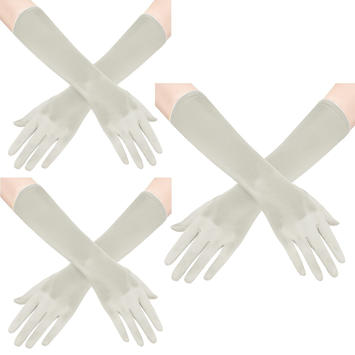 Ayollar uchun satindan tayyorlangan uzun opera qo'llari, 3 ta, vintage, tirsak uzunligi, kechki kiyim va to'y uchun