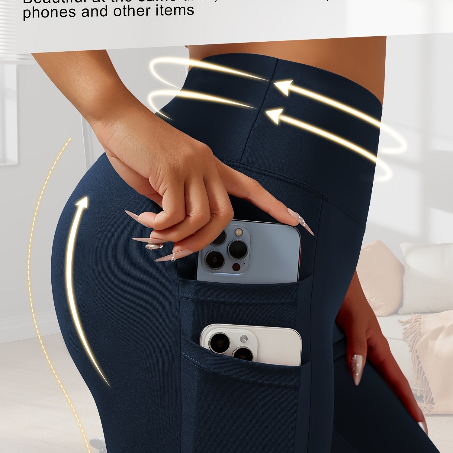 Leggings de talla grande con cintura alta y bolsillos, de poliéster elástico y elastano