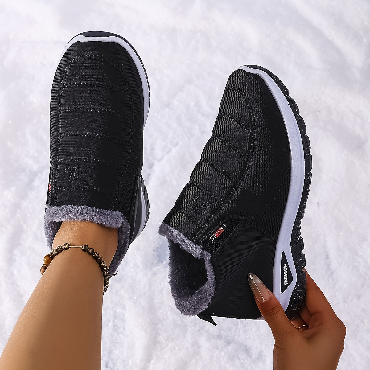 Women's Fleece-Lined Ankle Boots Lightweight Winter Hiking Shoes Black