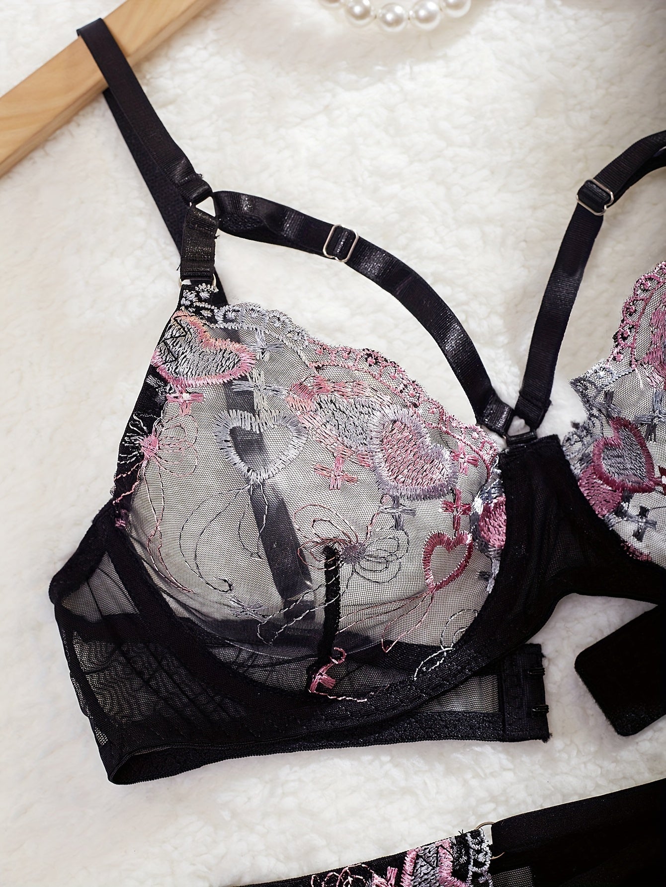 Black Sheer Mesh Lingerie Set with Heart Embroidery Cross Strappy Garter Belt and Thong