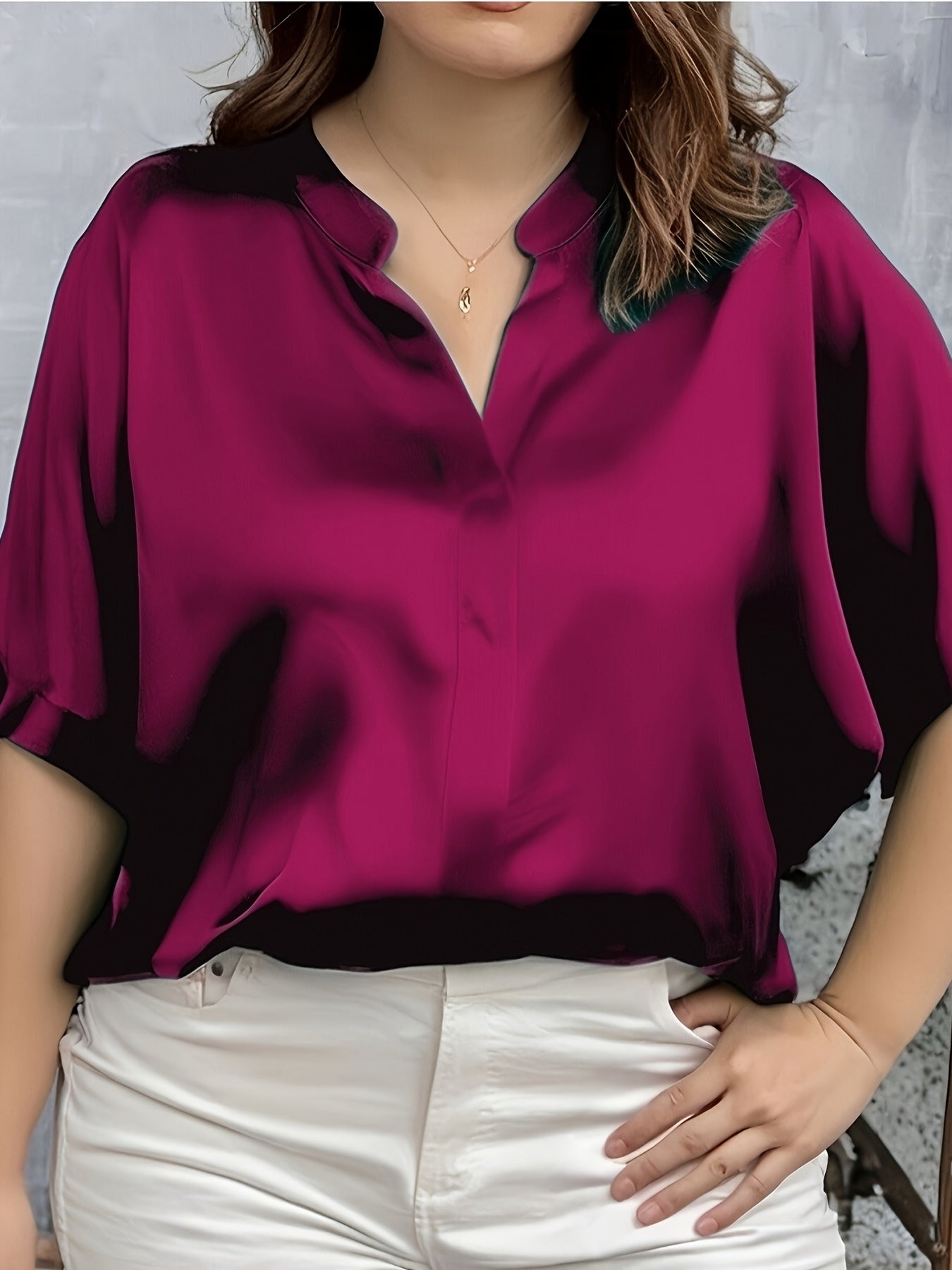Plus Size Women's Satin Short Sleeve Shirt Elegant Elegant Shirt