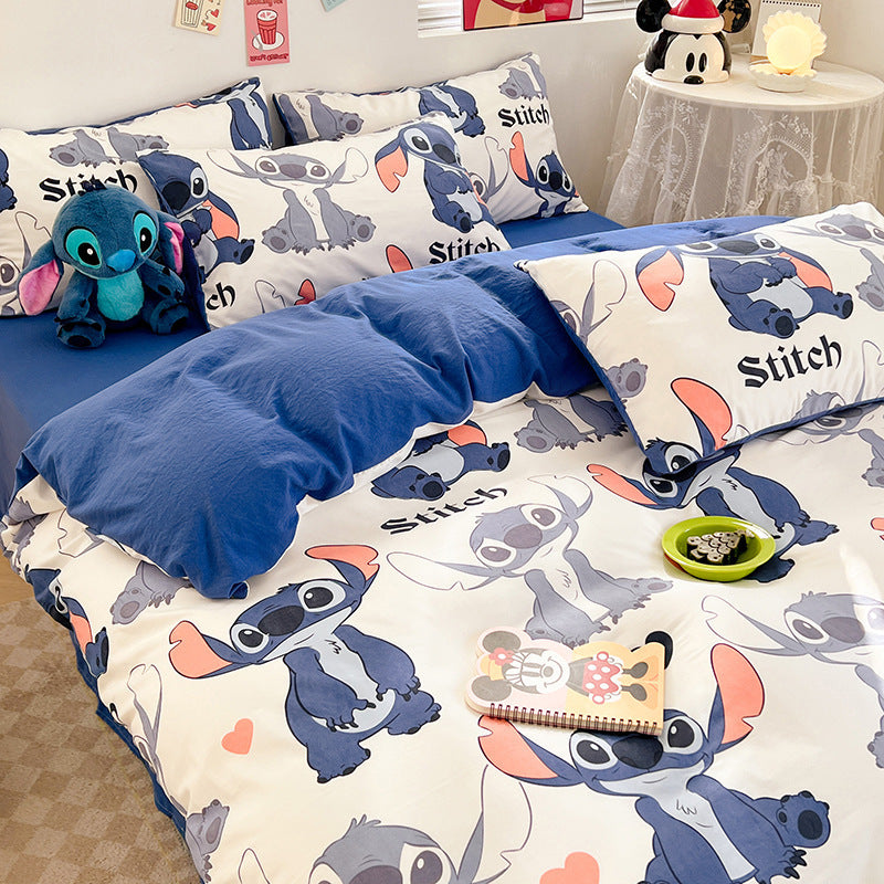4-Piece Blue Polyester Stitch Cartoon Bedding Set Duvet Cover Flat Sheet Pillowcases for Teen Bedroom