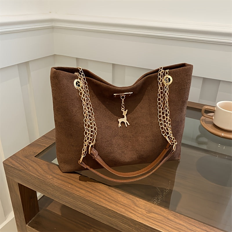 Women's Casual Faux Leather Handbag with Deer Pendant Large Capacity Lightweight Shoulder Bag in Multiple Colors