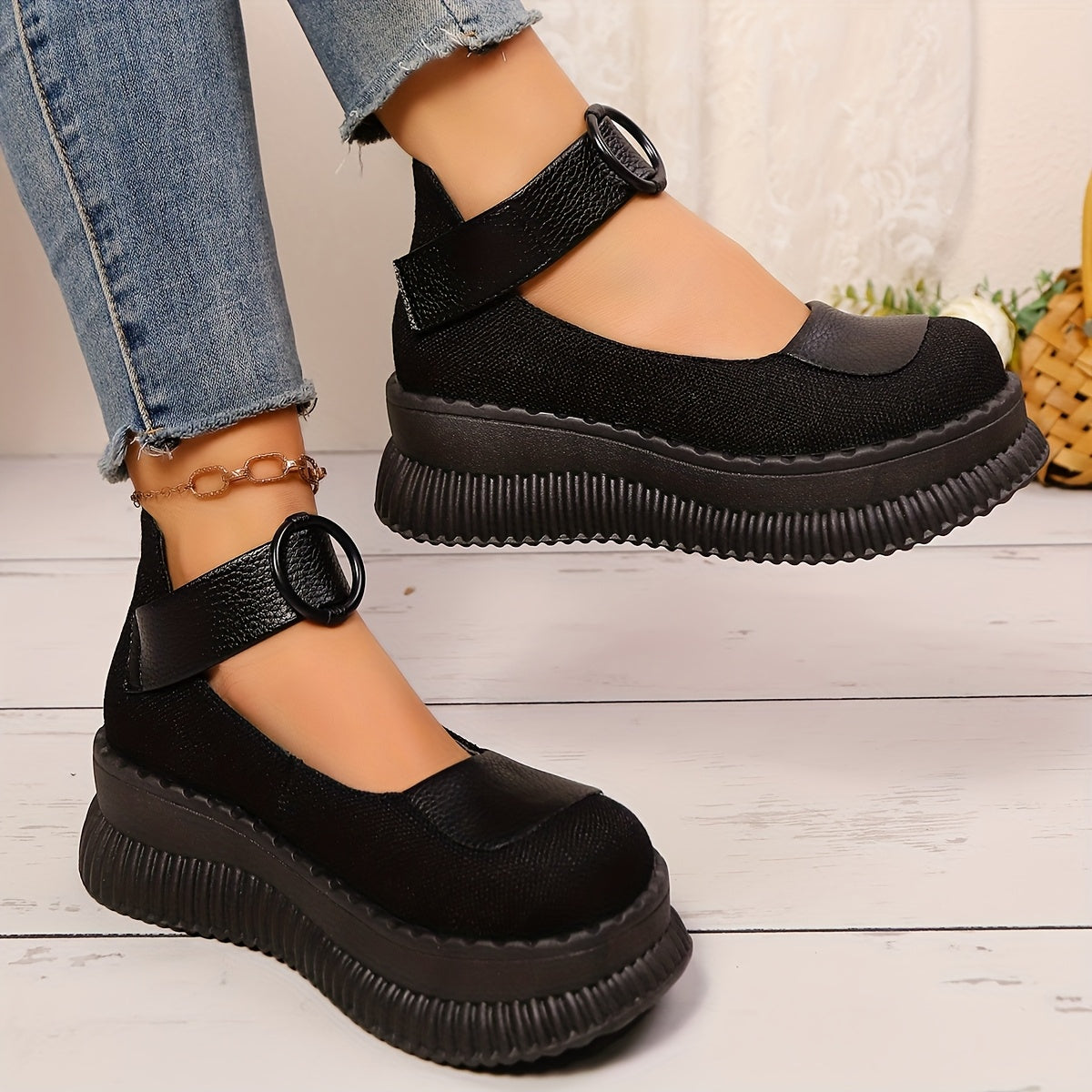 Women's Beige Black Vintage Flats Casual Shoes Round Toe Ankle Strap