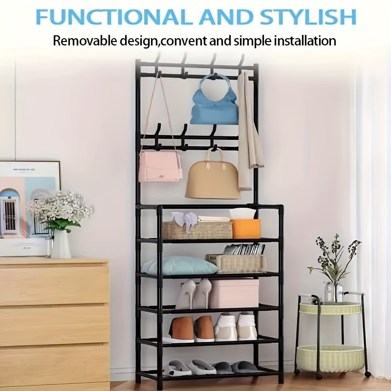 Black Metal Entryway Organizer Coat Rack with Hooks and Shoe Shelves 152.4cm