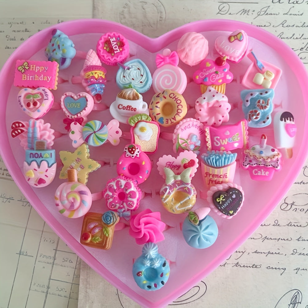 Set of 10 Food-Themed Resin Rings for Girls Age 3-14, Mixed Colors