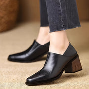 Women’s Vintage-Inspired Black Chunky Heel Loafers with Square Toe