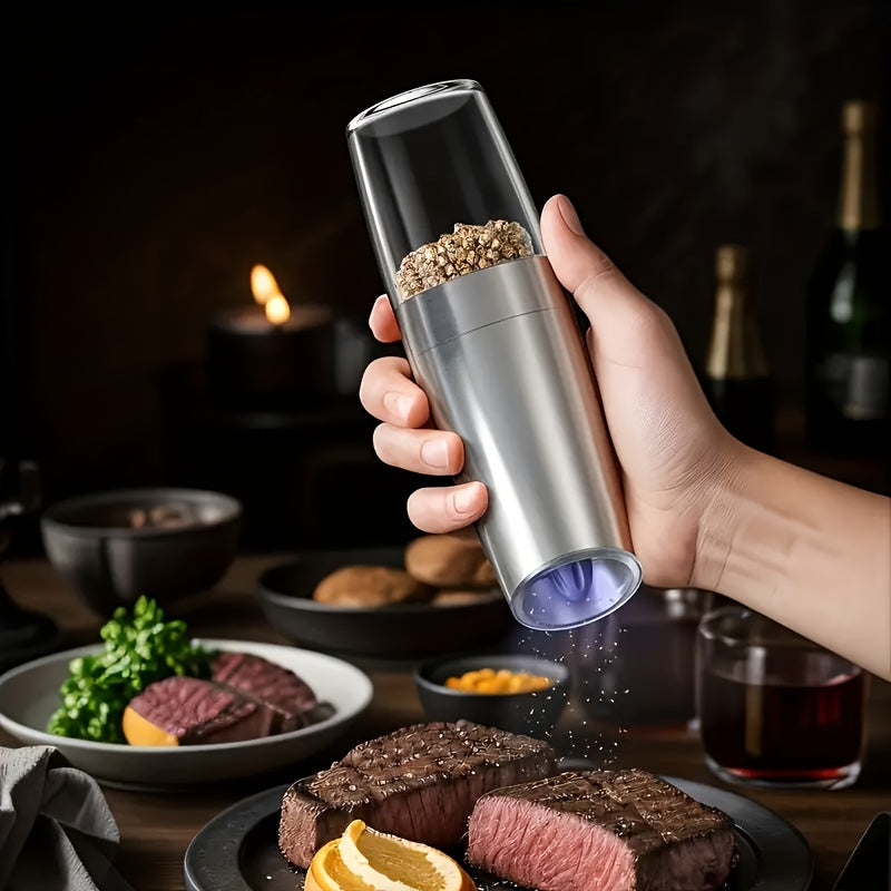 Molino eléctrico de especias con sensor de gravedad, cuerpo de acero inoxidable, tamaño de partícula ajustable, luz LED para hogares, restaurantes y picnics