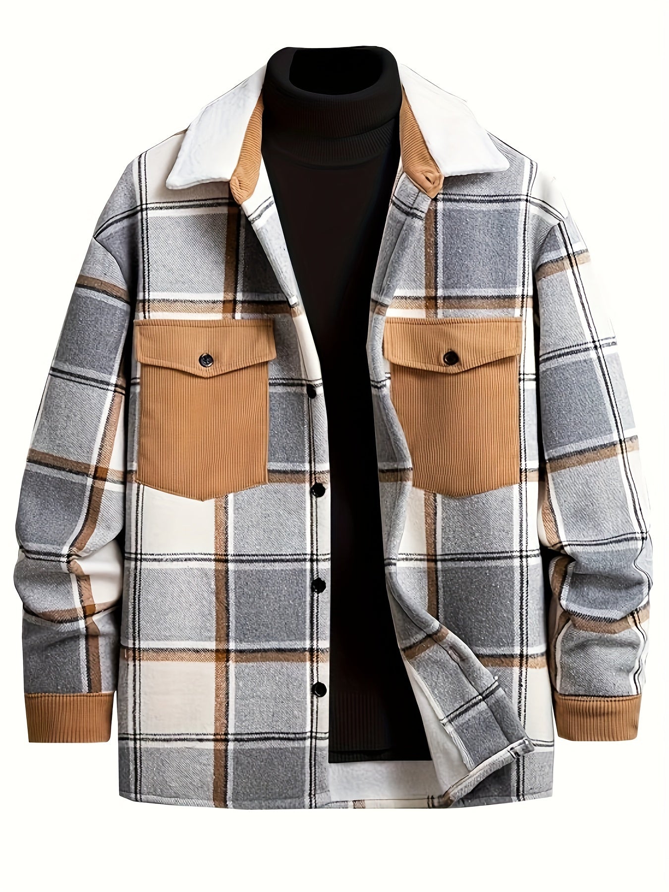 Plus Size Men's Overcoat with Plaid Print Flap Pockets Drop Shoulders