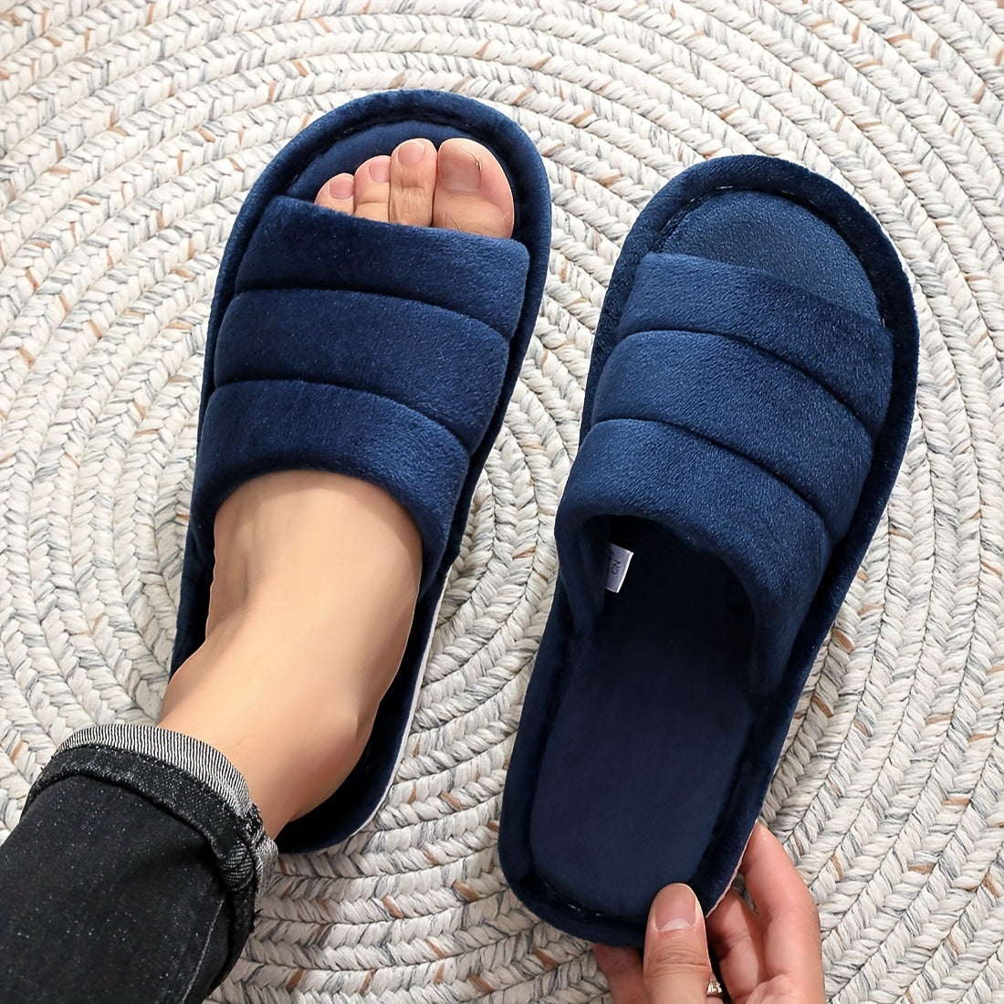 Pantuflas de felpa azul marino con punta abierta, suela antideslizante, casuales para parejas