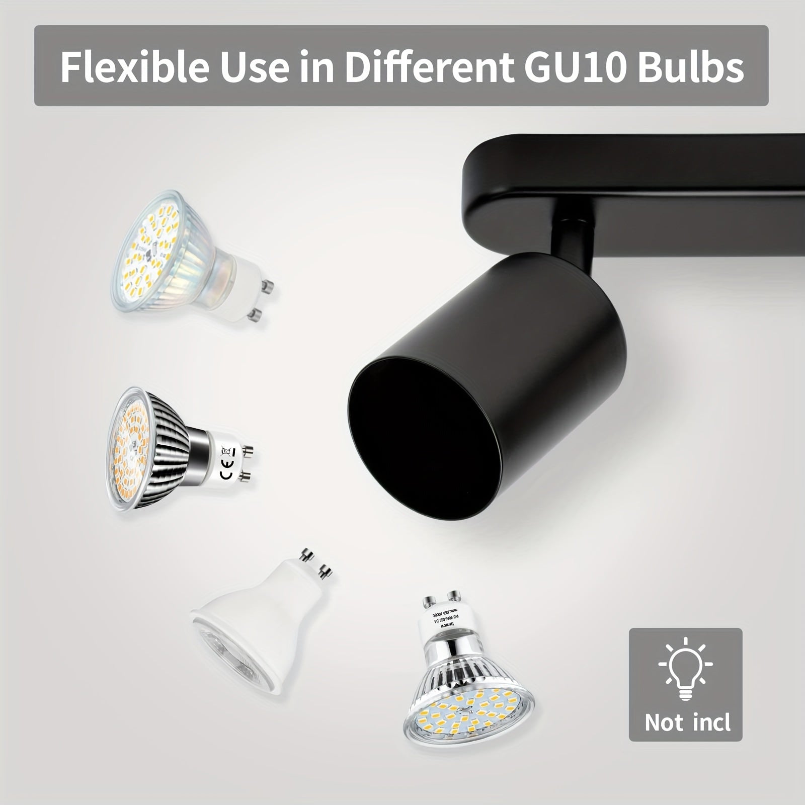 Zamonaviy qora proyektor bar uchun 4 ta aylanuvchi GU10 lampali LED shift chirog'i, oshxona, yotoqxona va yashash xonasi uchun mos (lampalar kiritilmagan).