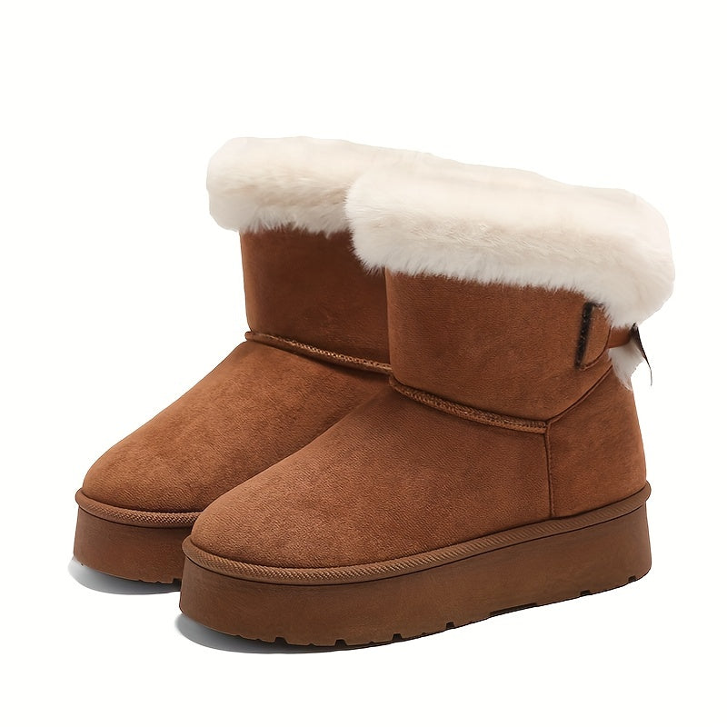 Women Fleece-Lined Mid-Calf Snow Boots with Thick Platform, Brown