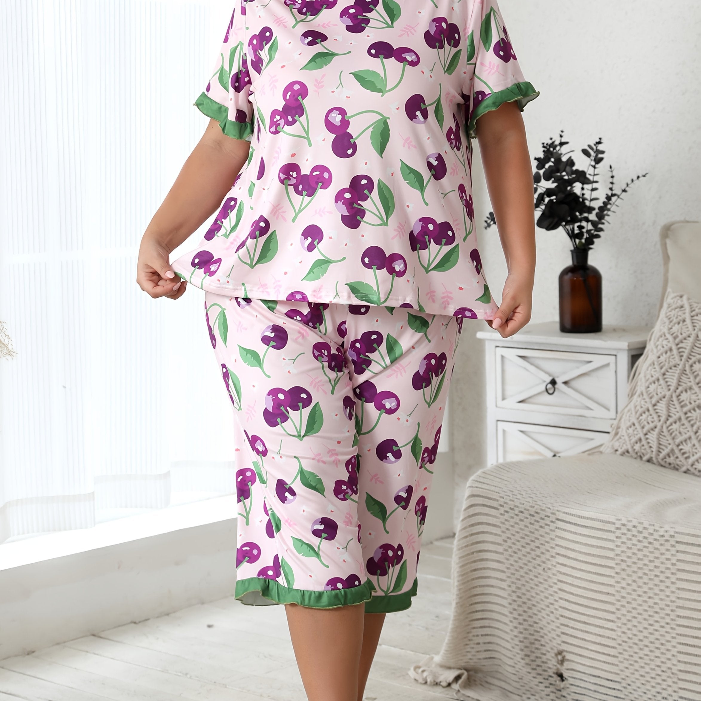 Women's Cherry Print Loungewear Set with Ruffled Sleeves and Cropped Pants