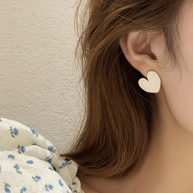 White Enamel Heart-Shaped Stud Earrings with Sterling Silver Post for Daily and Special Occasions