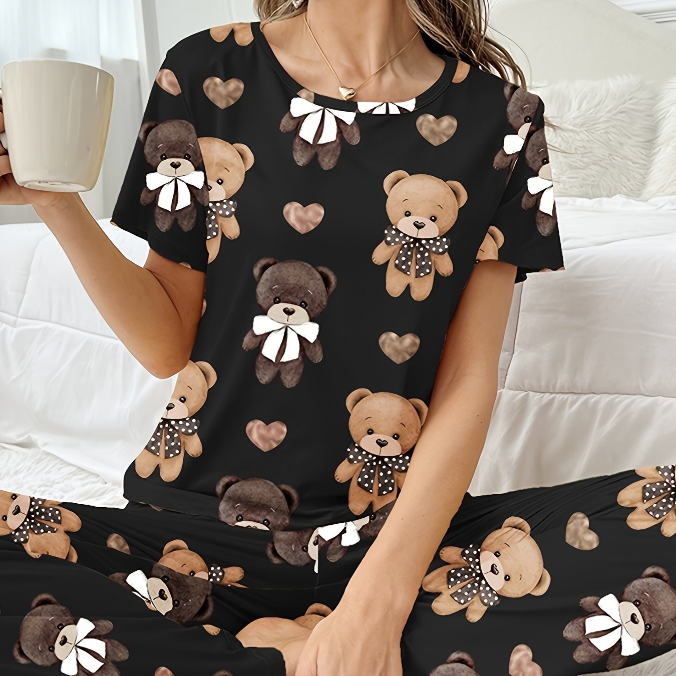 Women's Sleepwear Set with Cartoon Bear and Heart Print Short Sleeve Top and Elastic Pants