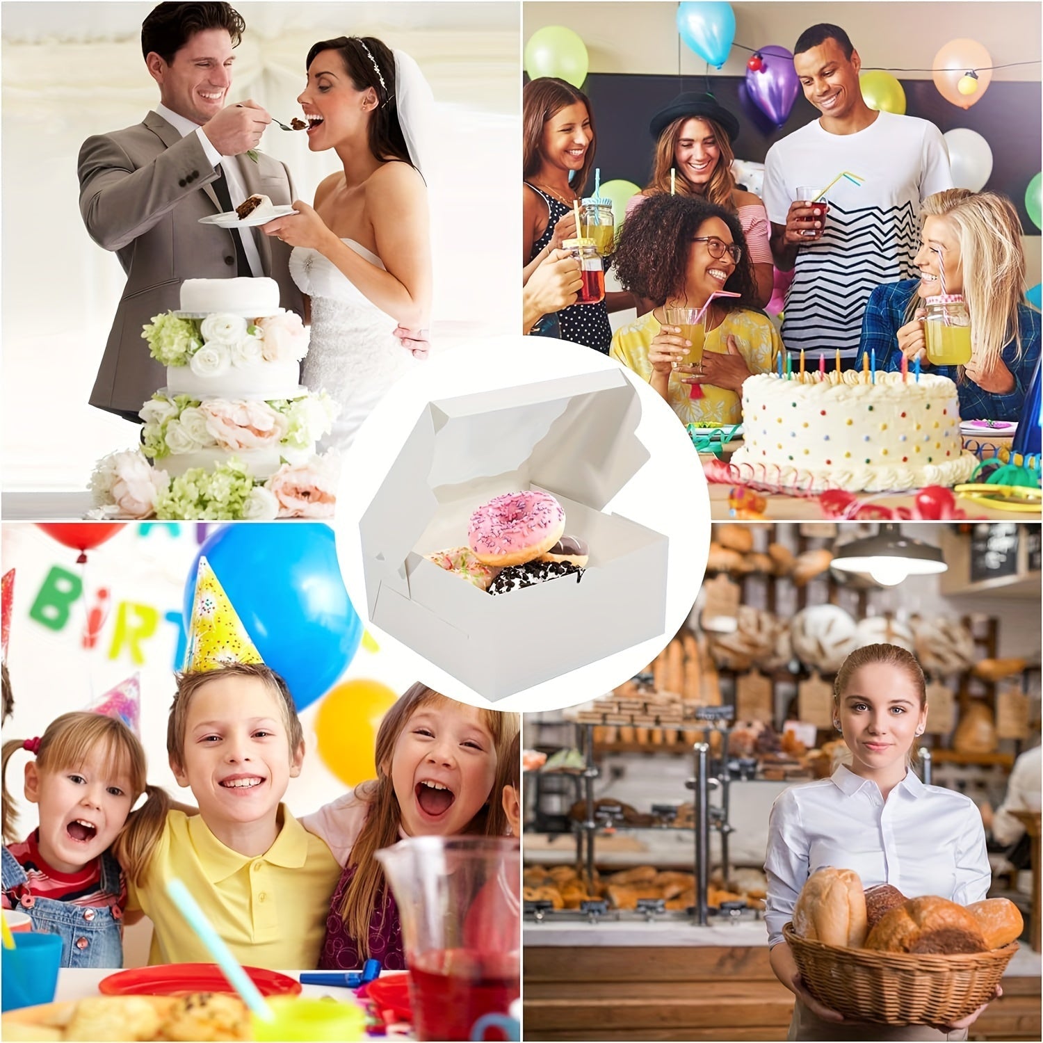 10/25 White Cake Boxes with Clear Window, 15.24x15.24x6.35 cm for Pastries and Baked Goods