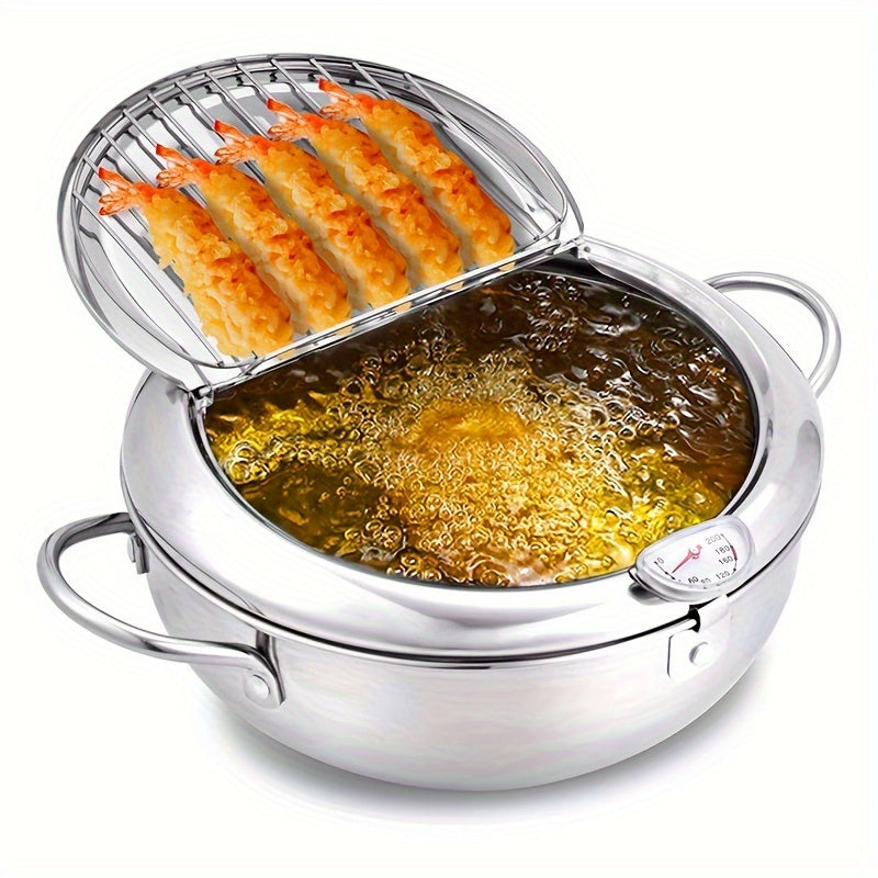 Stainless Steel Deep Fryer with Temperature Control Thermometer Lid 74 oz Induction Compatible