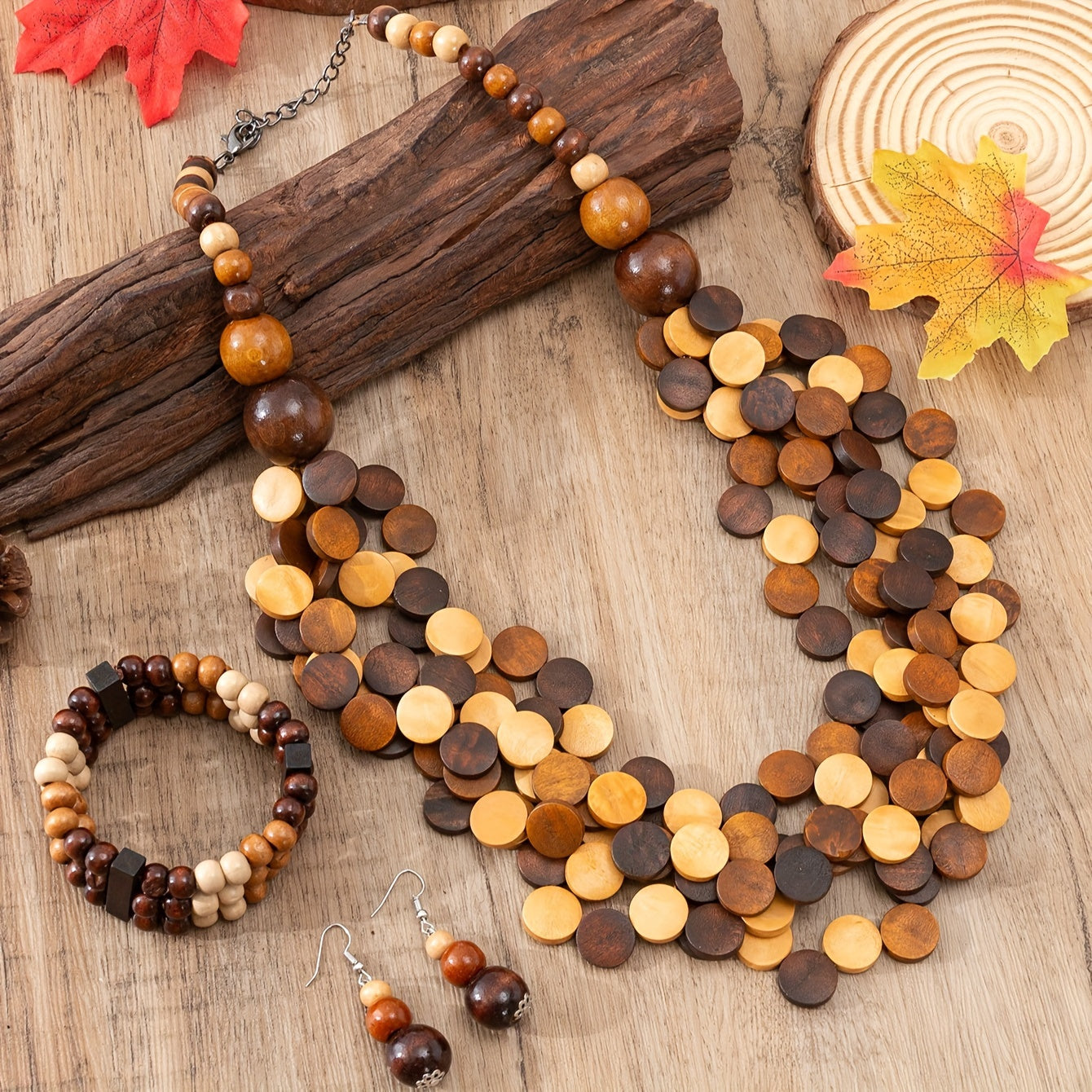Conjunto de joyería estilo boho: pendientes, collar y pulsera de cuentas de madera para uso diario o en fiestas