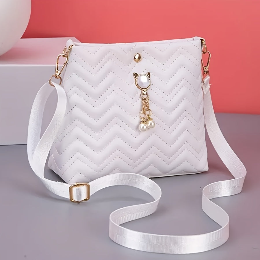 Women's Quilted Crossbody Bag with Chevron Pattern Pearl Pendant and Gold Accents in Multiple Colors