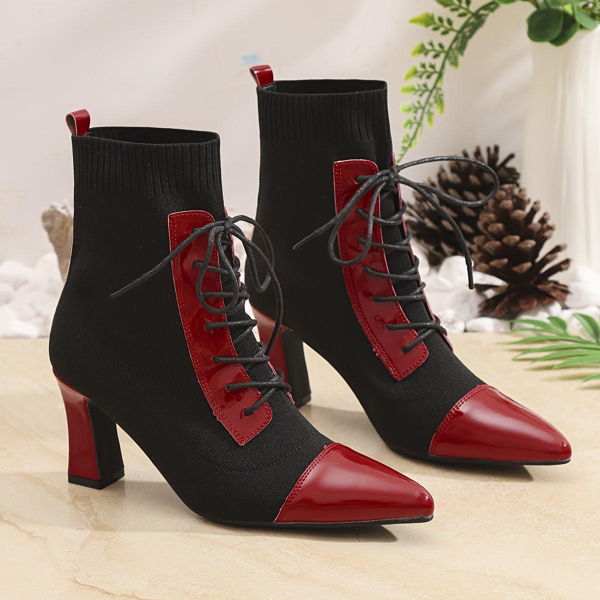 Women's Black and Red Pointed Short Boots Thick Heels Outdoor Shoes