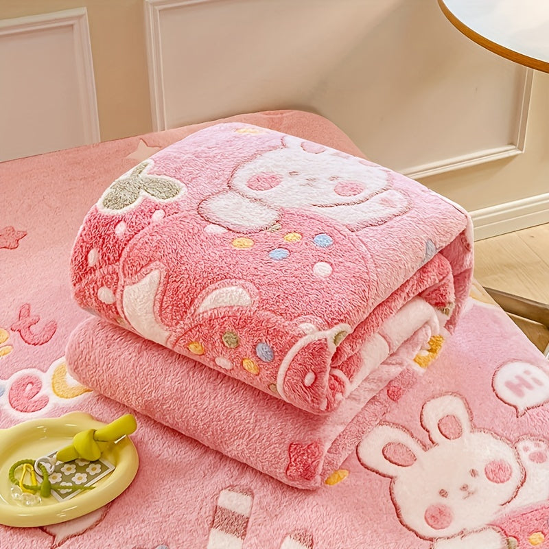 Pink Strawberry and Bear Pattern Blanket for Sofa Bed Naps Soft Cozy All-Season Polyester