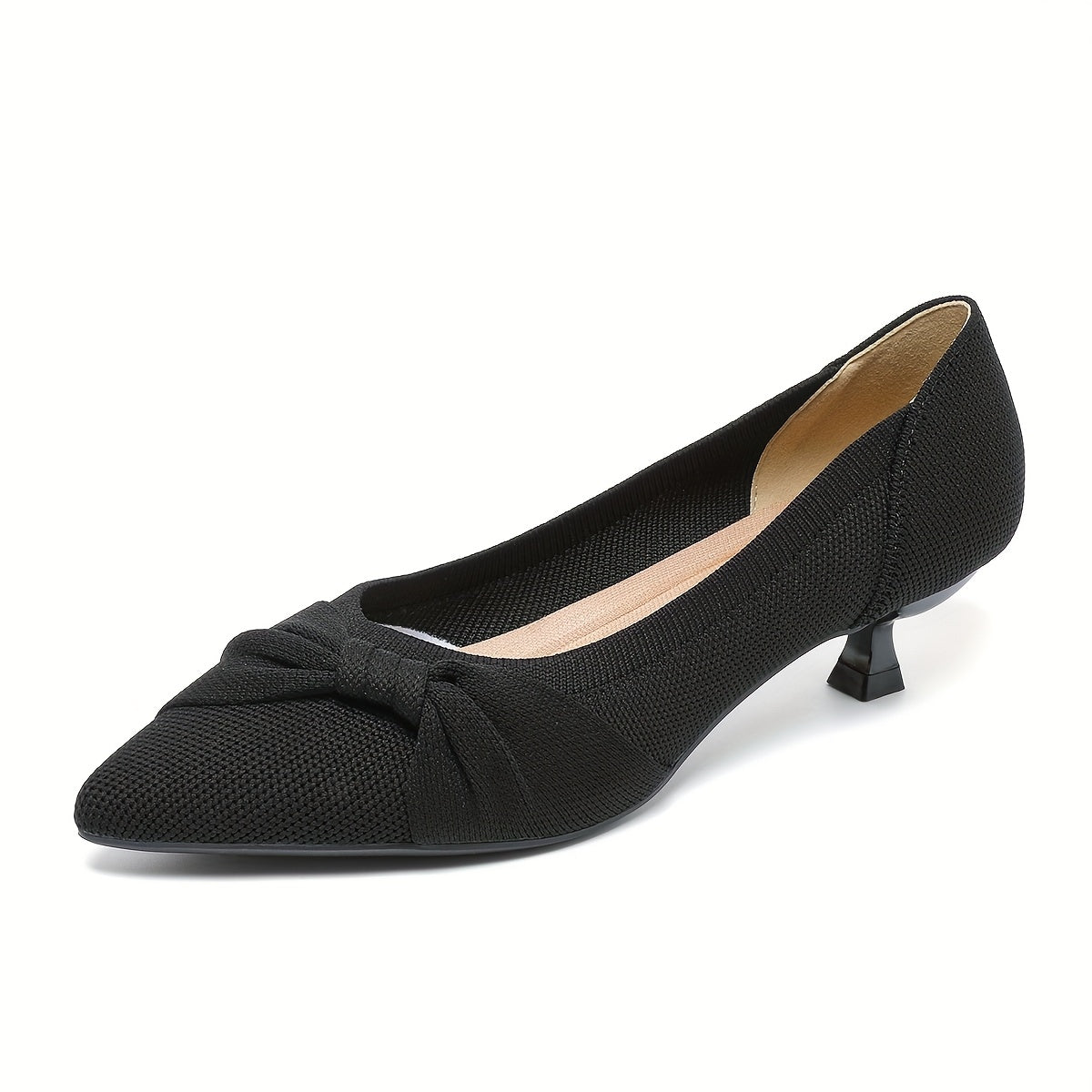 Women's Black Knit Slip-On Pumps with Pointed Toe and Bow Detail
