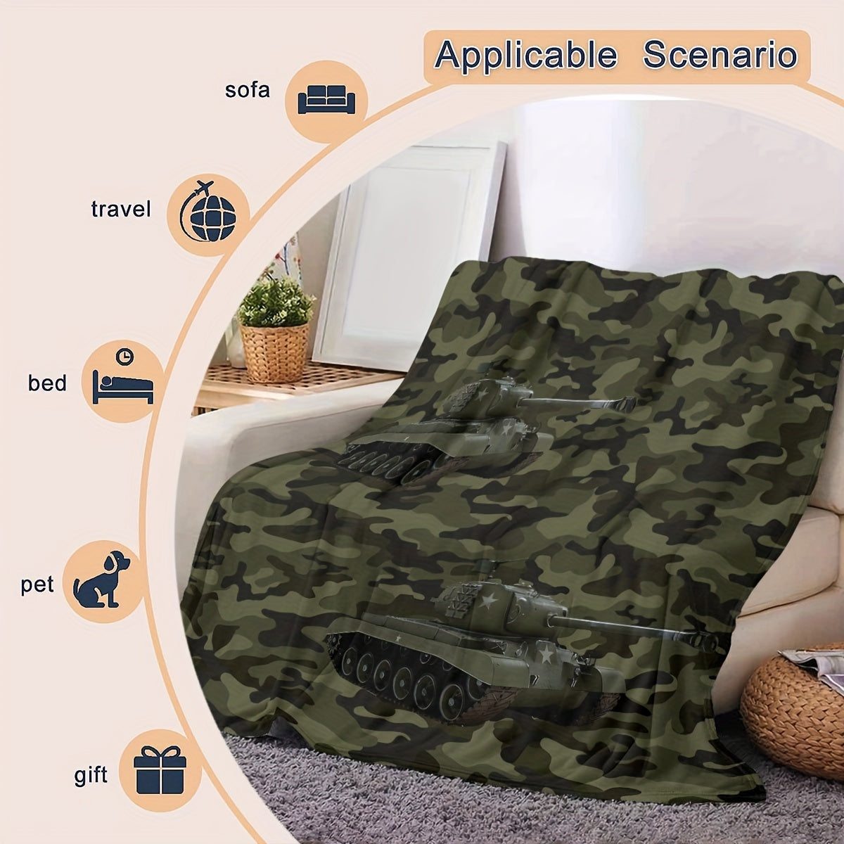 Kids Camouflage Throw Blanket Dark Green Digital Print Tank Car Bed Cover for Boys and Girls