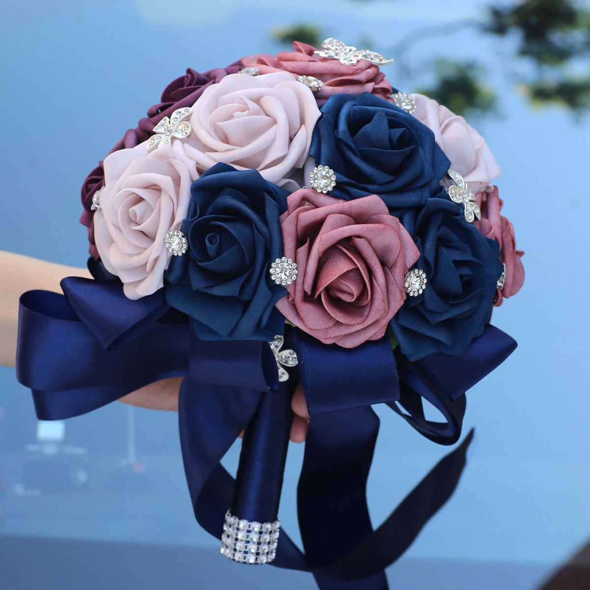 Handcrafted Bridal Bouquet Satin Flowers Rhinestones Pearls for Weddings and Events